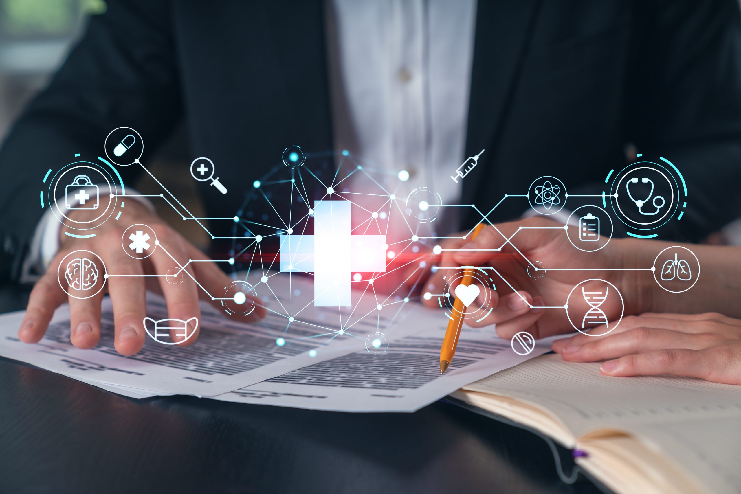 Businesspeople in formal wear taking notes signing contract at office workplace. Concept of important working moments, document sign, working process, concentration. Hands shot. Medical hologram