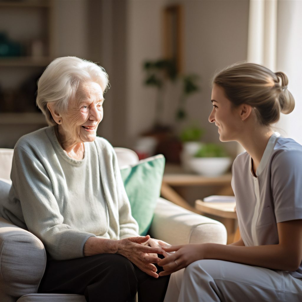 Young girl, age care worker with elderly woman. Female community nurse visits senior lady at home.