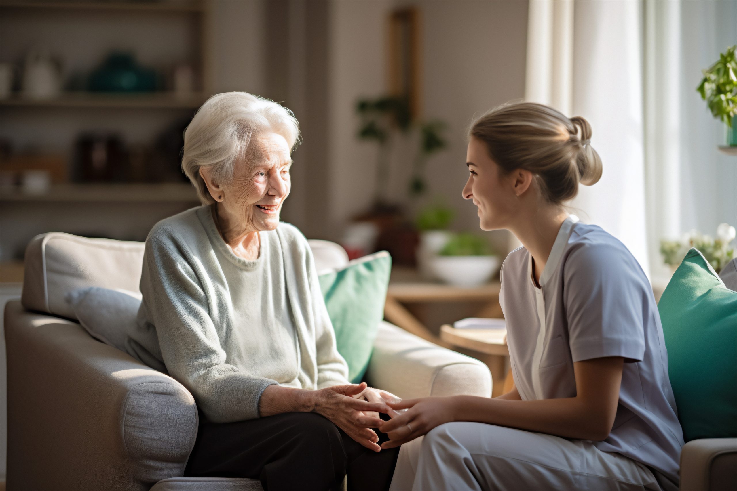 Young girl, age care worker with elderly woman. Female community nurse visits senior lady at home.