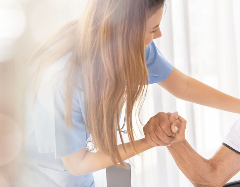 Web banner Man being cared for by a private Asian nurse at home